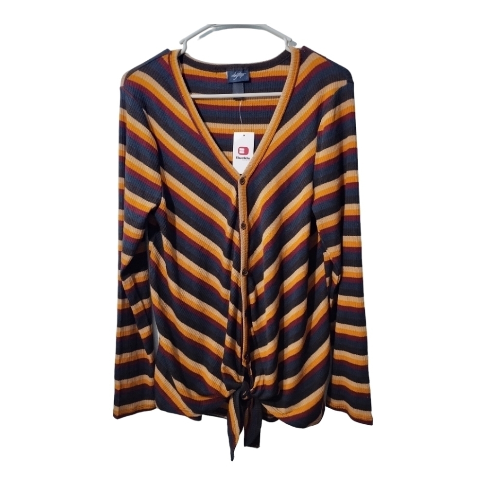 Daytrip Buckle Orange Multi Button front Tie Knot Long Sleeve Top Blouse Sz Lg